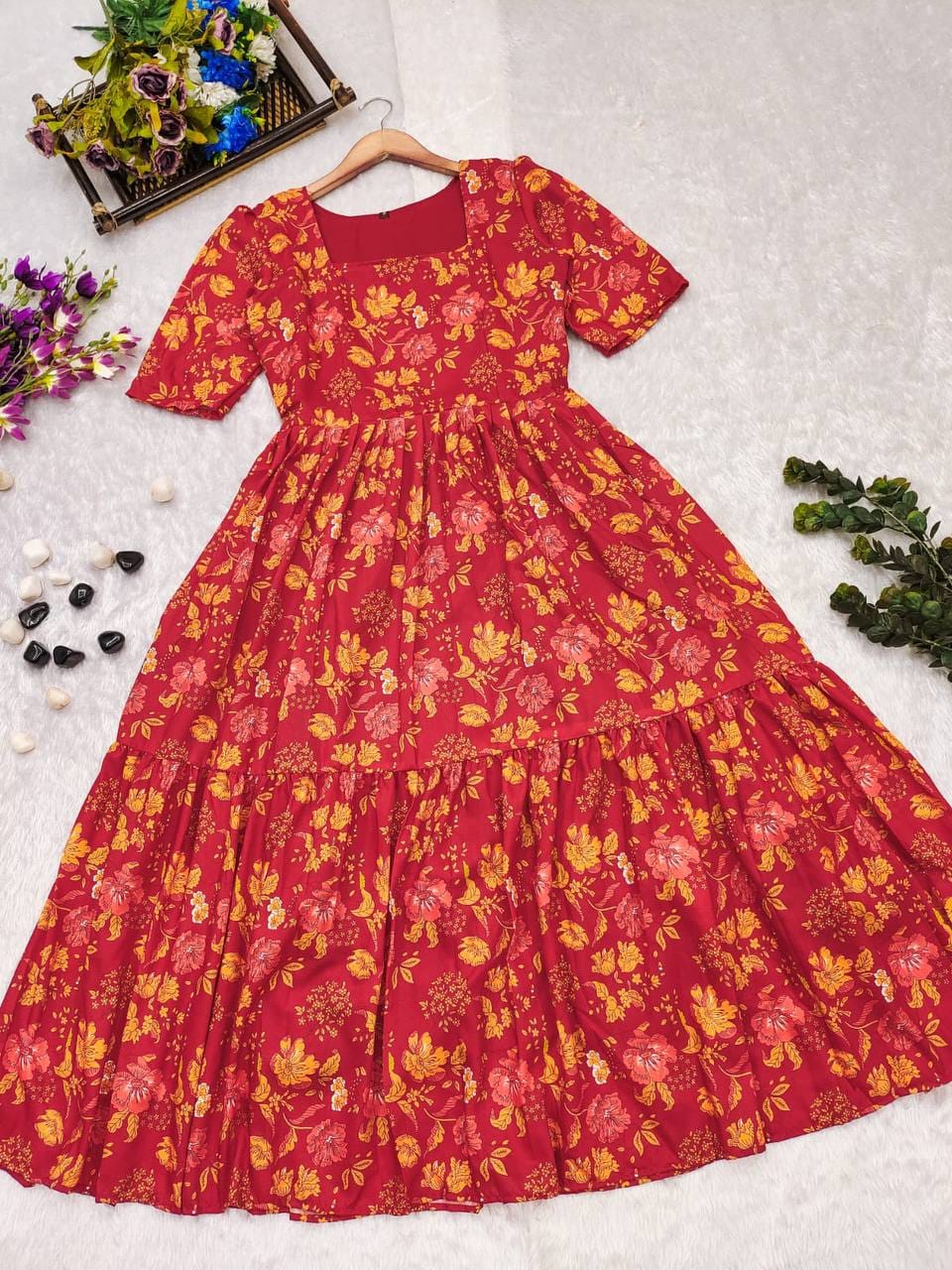 Red Floral Dress - Flat lay on hanger