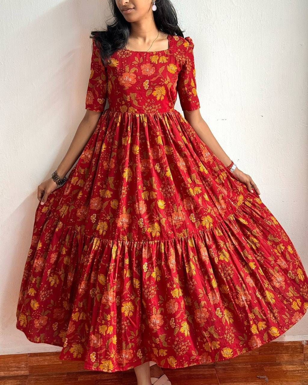 Red Floral Dress - Model wearing full length view | Keshnova