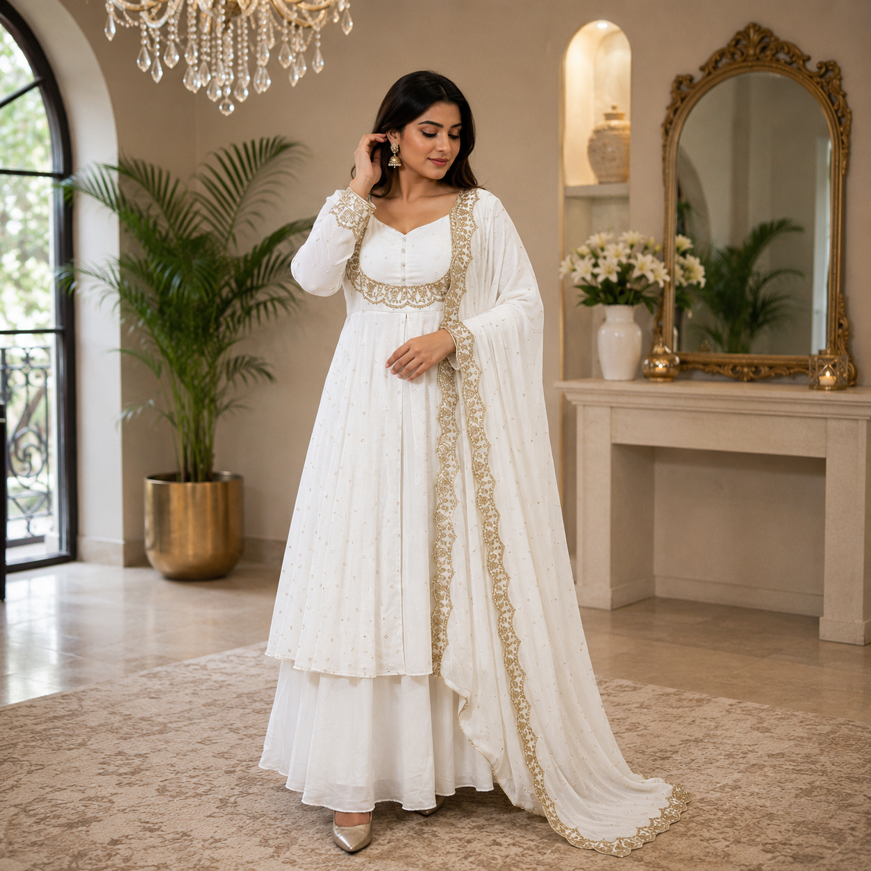 Women's Whitr Vichitra Silk Embroidered Cape, Skirt & Dupatta Set with Gold Threadwork – Premium Festive Ethnic Wear by Keshnova