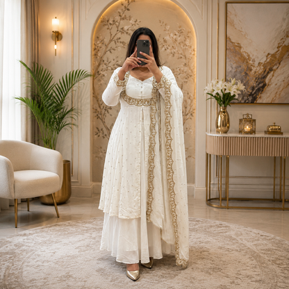 Women's Whitr Vichitra Silk Embroidered Cape, Skirt & Dupatta Set with Gold Threadwork – Premium Festive Ethnic Wear by Keshnova