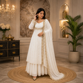 Women's Whitr Vichitra Silk Embroidered Cape, Skirt & Dupatta Set with Gold Threadwork – Premium Festive Ethnic Wear by Keshnova