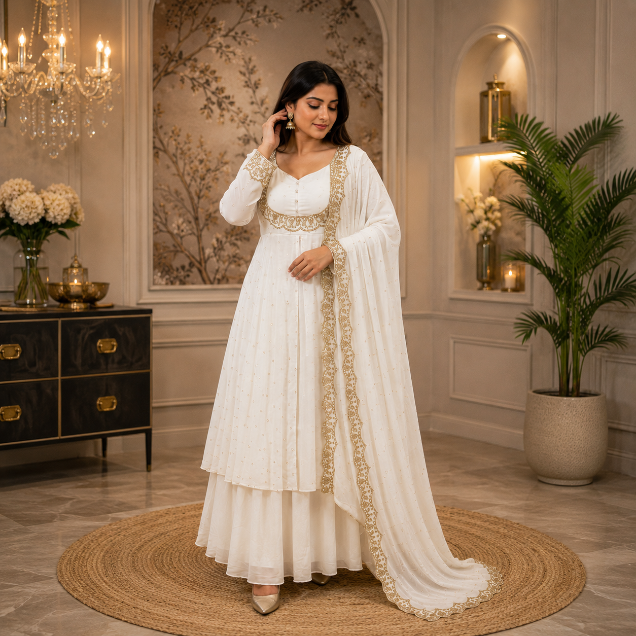 Women's Whitr Vichitra Silk Embroidered Cape, Skirt & Dupatta Set with Gold Threadwork – Premium Festive Ethnic Wear by Keshnova