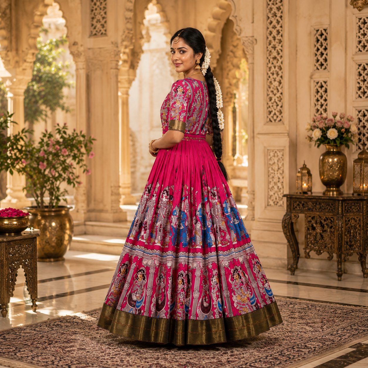 Keshnova Madhu Heavy Silk Floral Print Maxi Dress for Women with Designer Lace Border