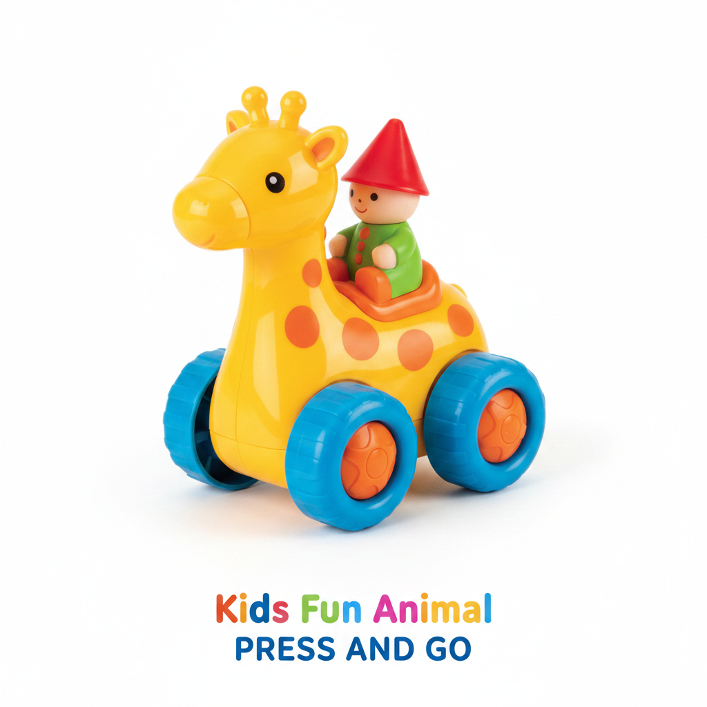 Fun Animal Press and Go Giraffe Toy - Yellow Giraffe with Rider