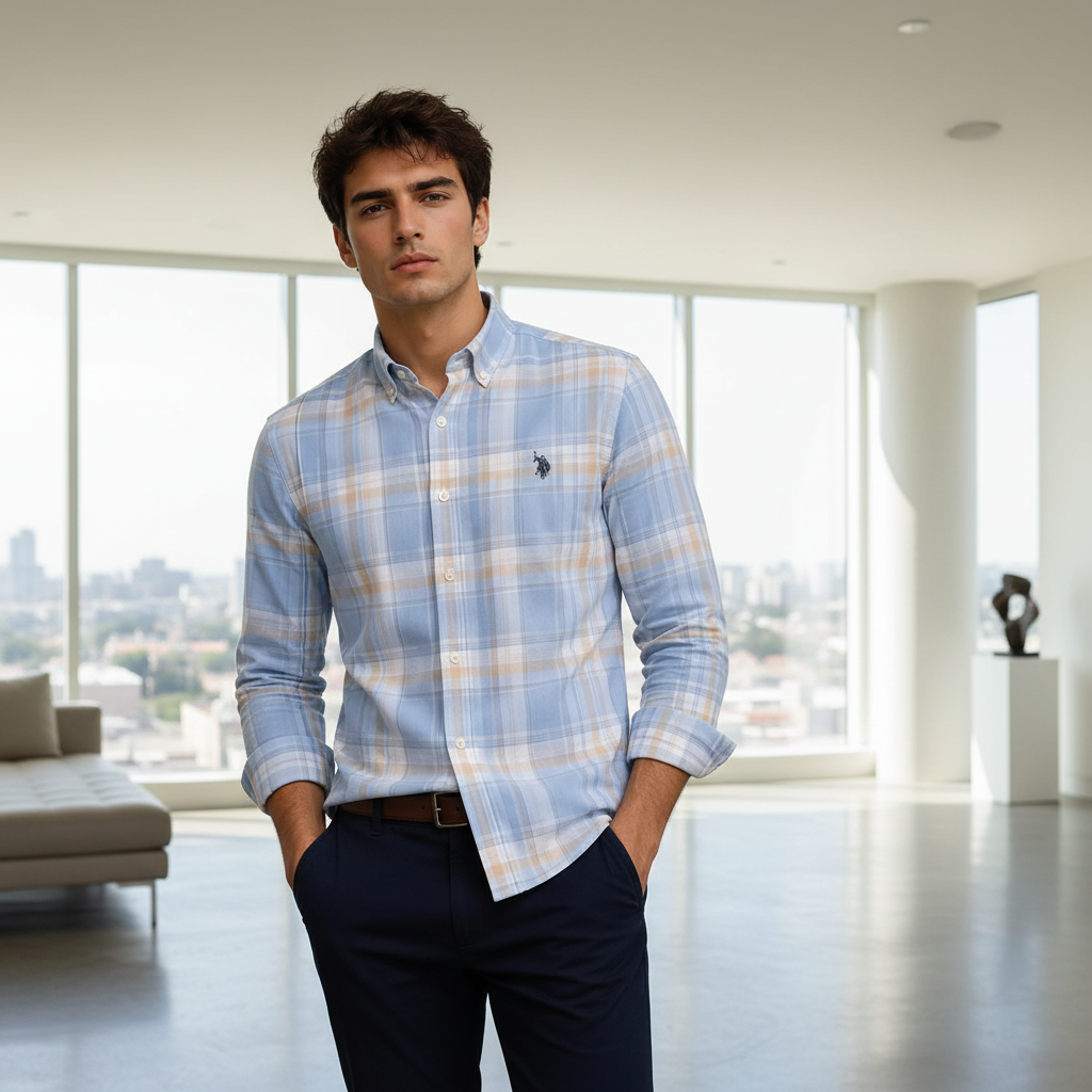 Man wearing sky blue plaid shirt in modern minimalist interior