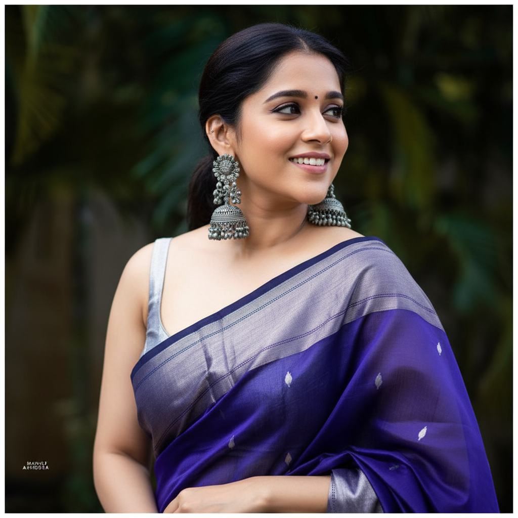 Royal Blue Organza Saree - Close Up Portrait