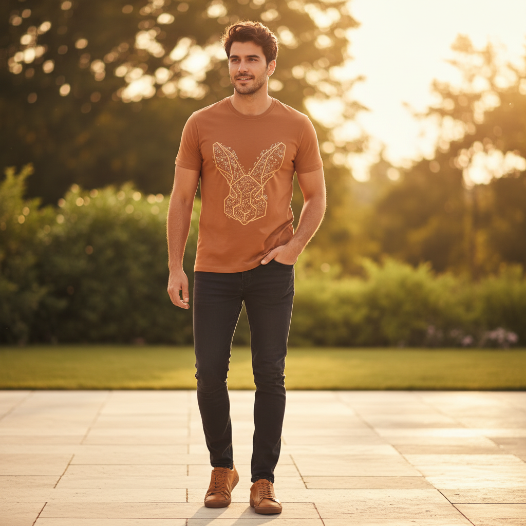 Man wearing terracotta Rare Rabbit geometric tee on sunlit terrace at golden hour
