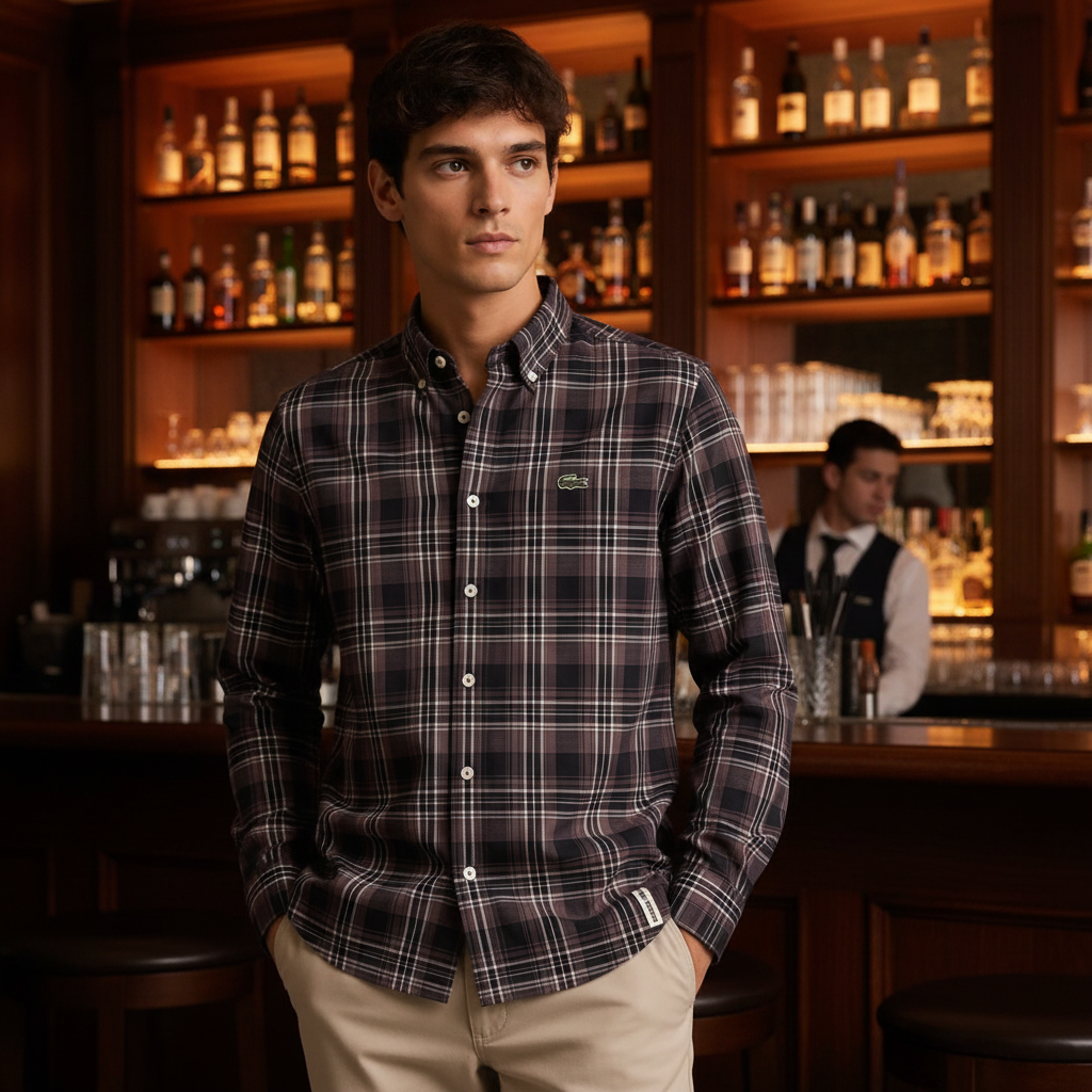 Man wearing dark charcoal plaid shirt in upscale lounge