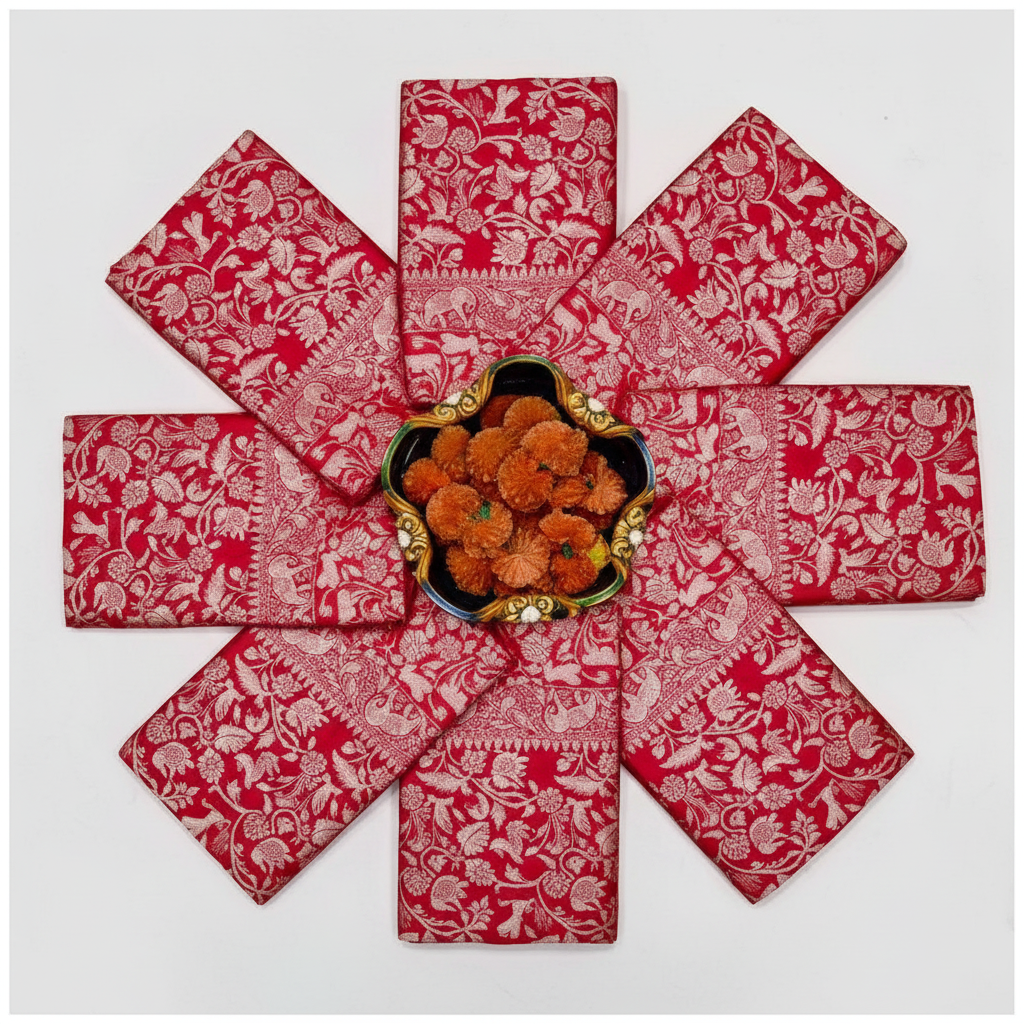 Red Banarasi Silk Saree - Flat Lay