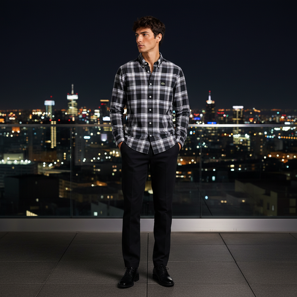 Man wearing black white plaid shirt on urban rooftop at night