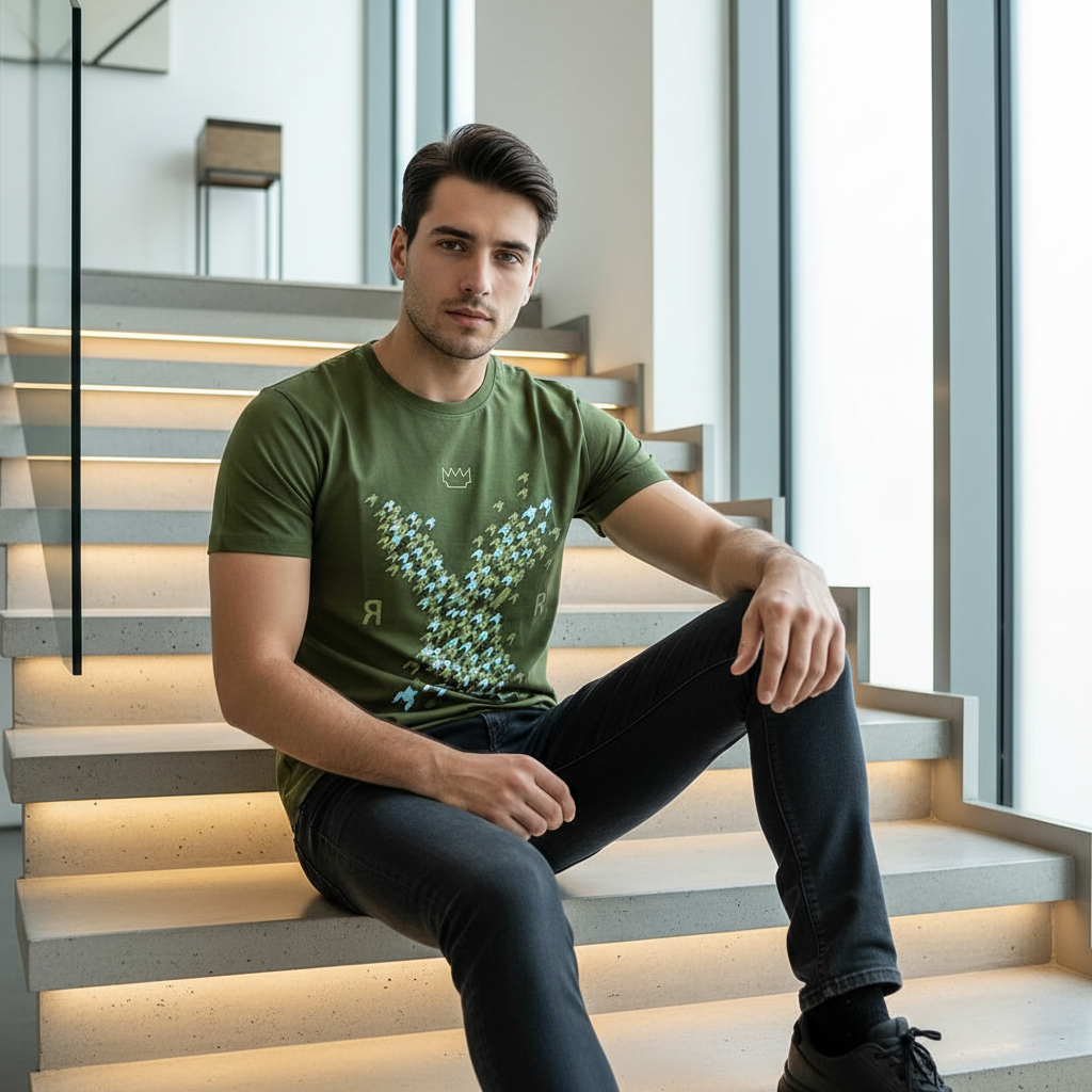 Man wearing olive green Rare Rabbit tee sitting on luxury minimalist staircase