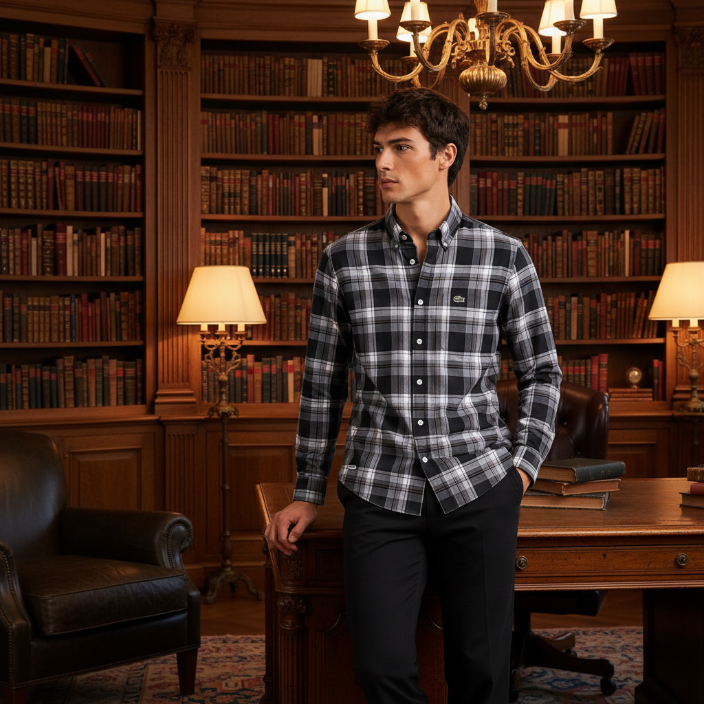 Man wearing black white plaid shirt in dark wood-paneled library