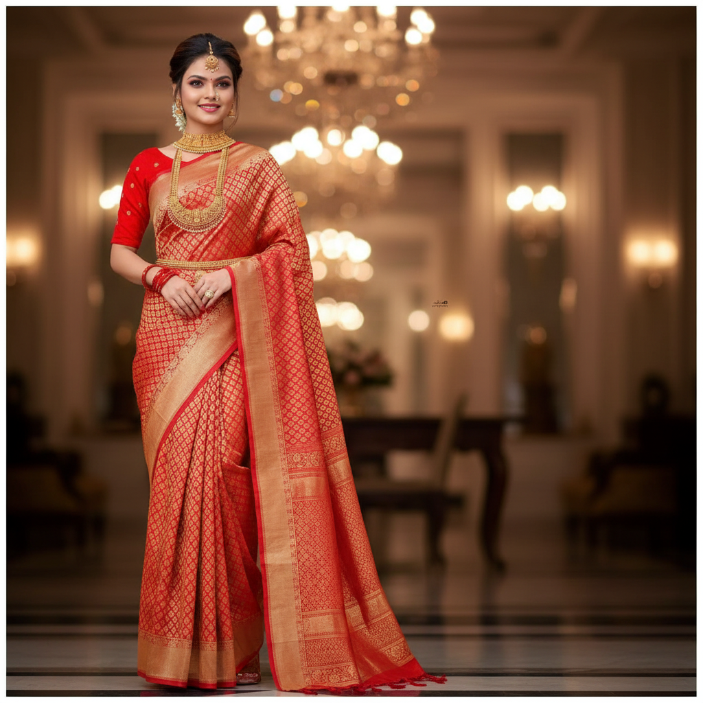 Stylish Indian Woman in Red Banarasi Silk Saree