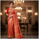 Stylish Indian Woman in Red Banarasi Silk Saree