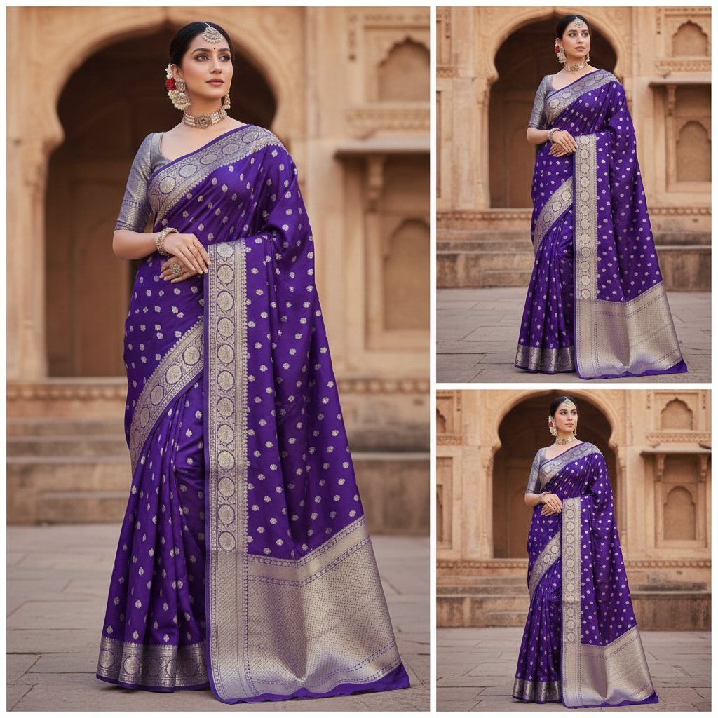 Purple Lichi Silk Saree with Silver Zari Buti