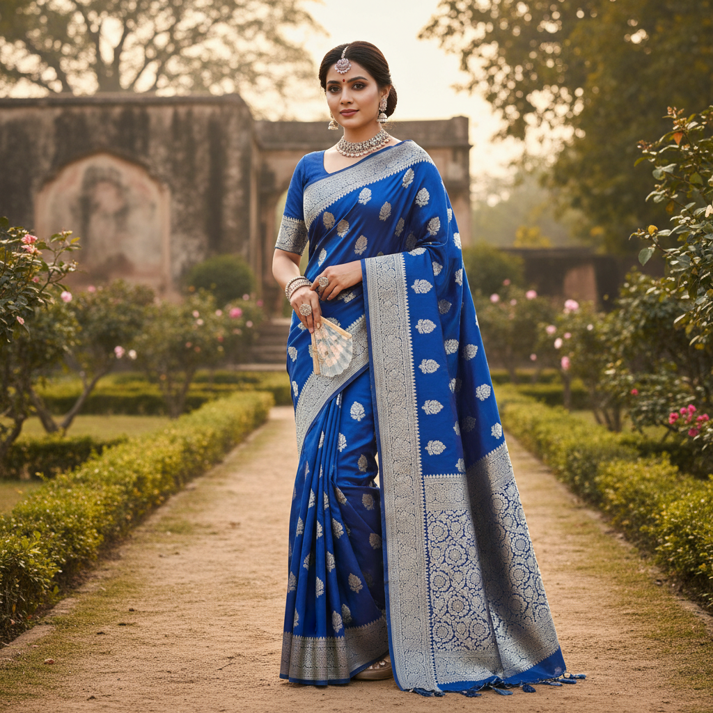 Blue Lichi Silk Saree with Silver Zari Buti