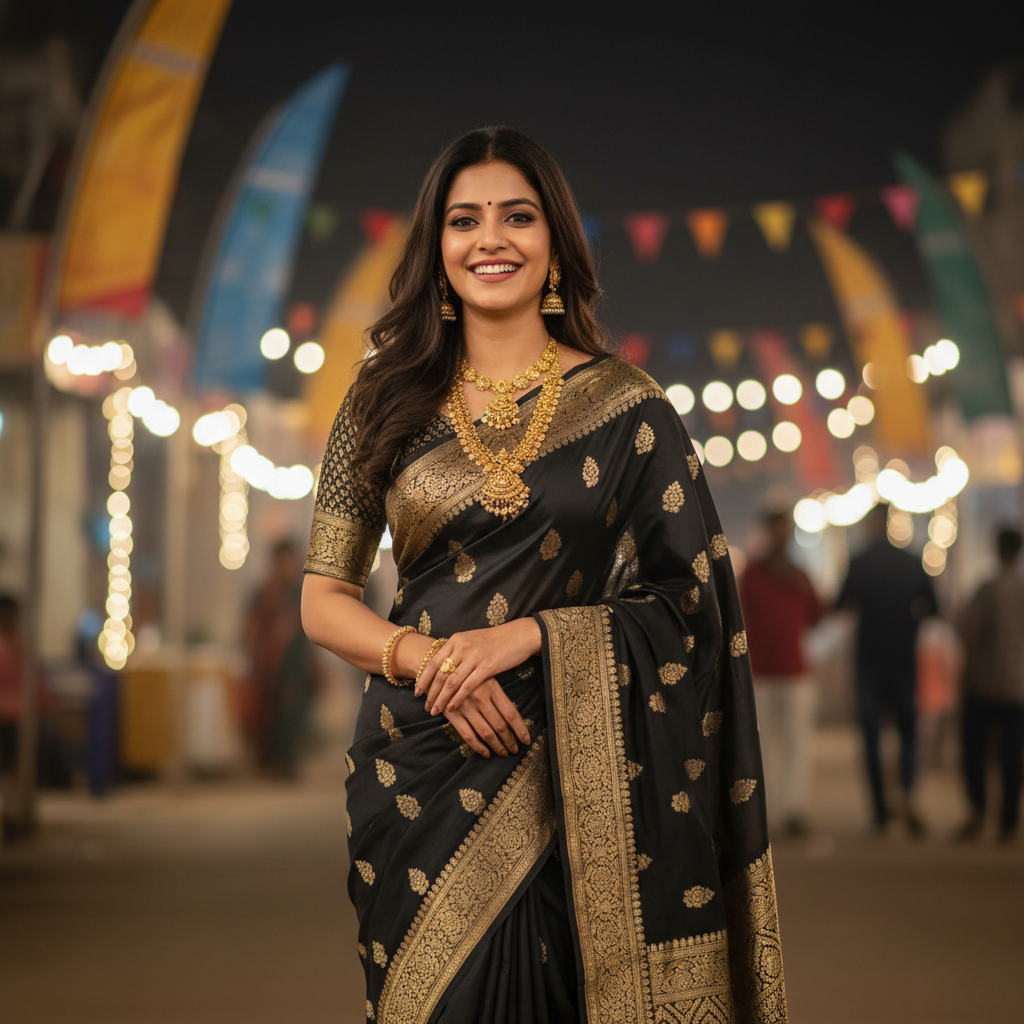 Black Lichi Silk Saree - Confident Pose