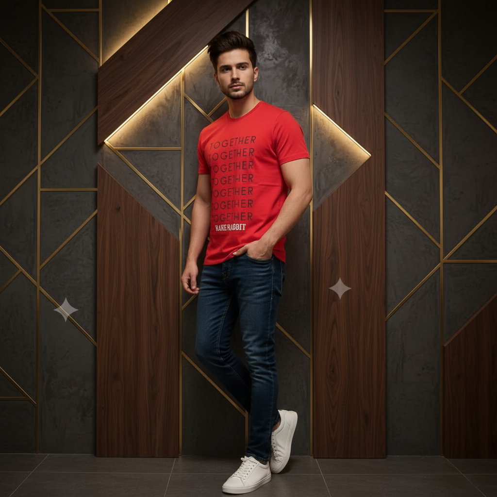 Man wearing red Together Rare Rabbit tee against dark gold geometric wall