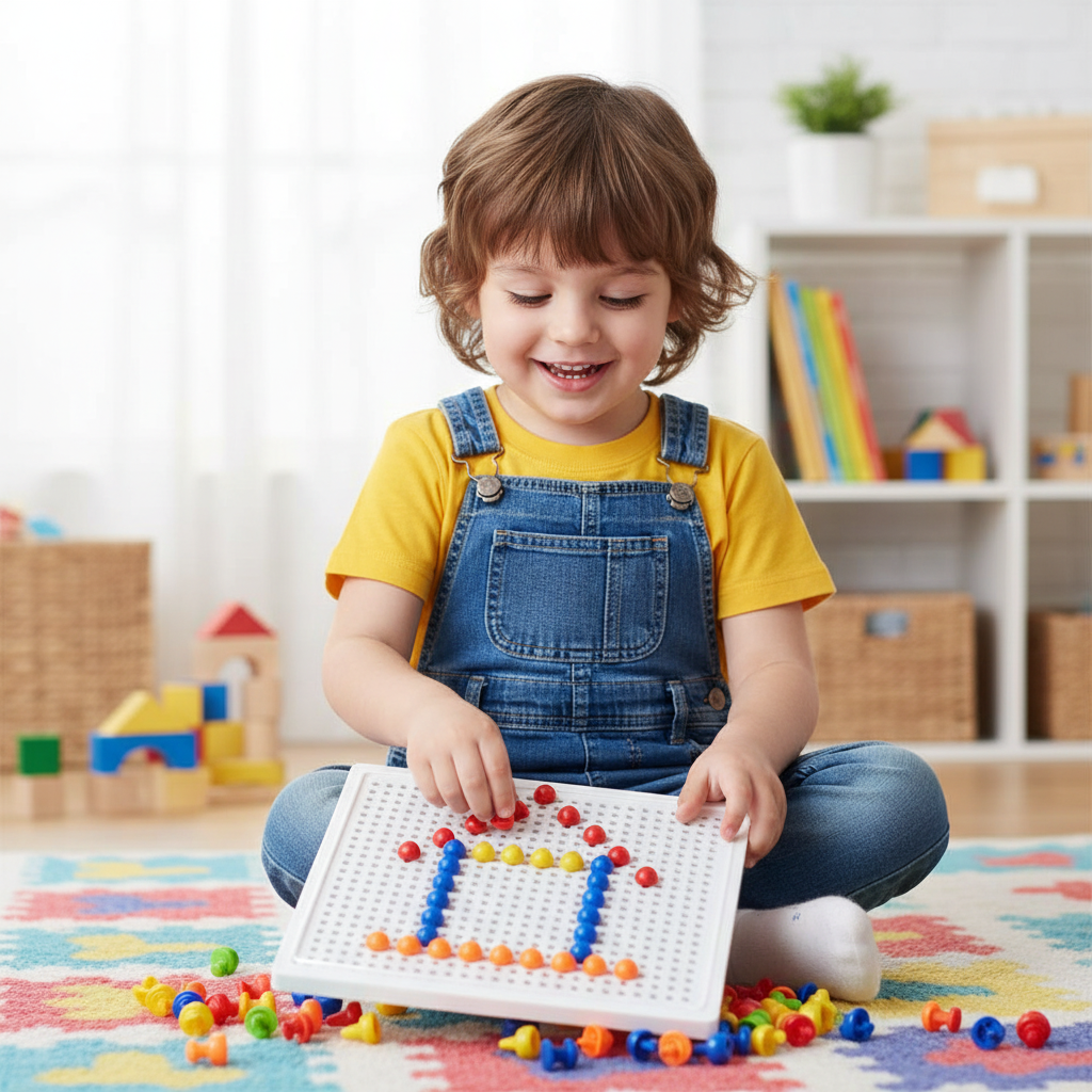 Child Playing with Mushroom Pegboard Toy - Lifestyle