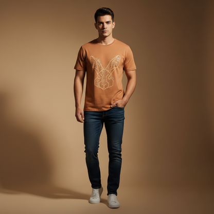 Man wearing terracotta Rare Rabbit geometric tee against warm beige studio backdrop