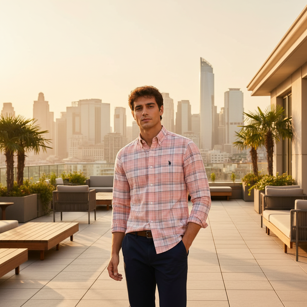 Man wearing pink plaid shirt on rooftop at golden hour