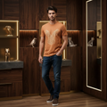 Man wearing terracotta Rare Rabbit geometric tee in luxury dark wood boutique interior