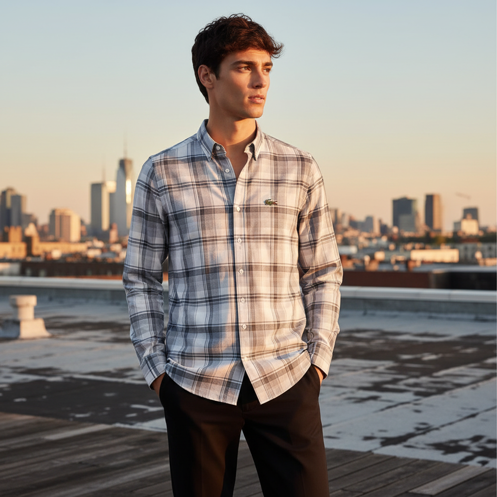 Man wearing light grey plaid shirt on rooftop with city skyline