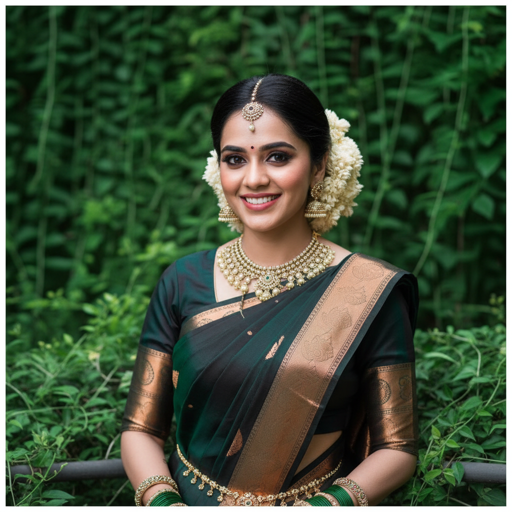 Dark Green Kanjivaram Saree - Close Up Portrait