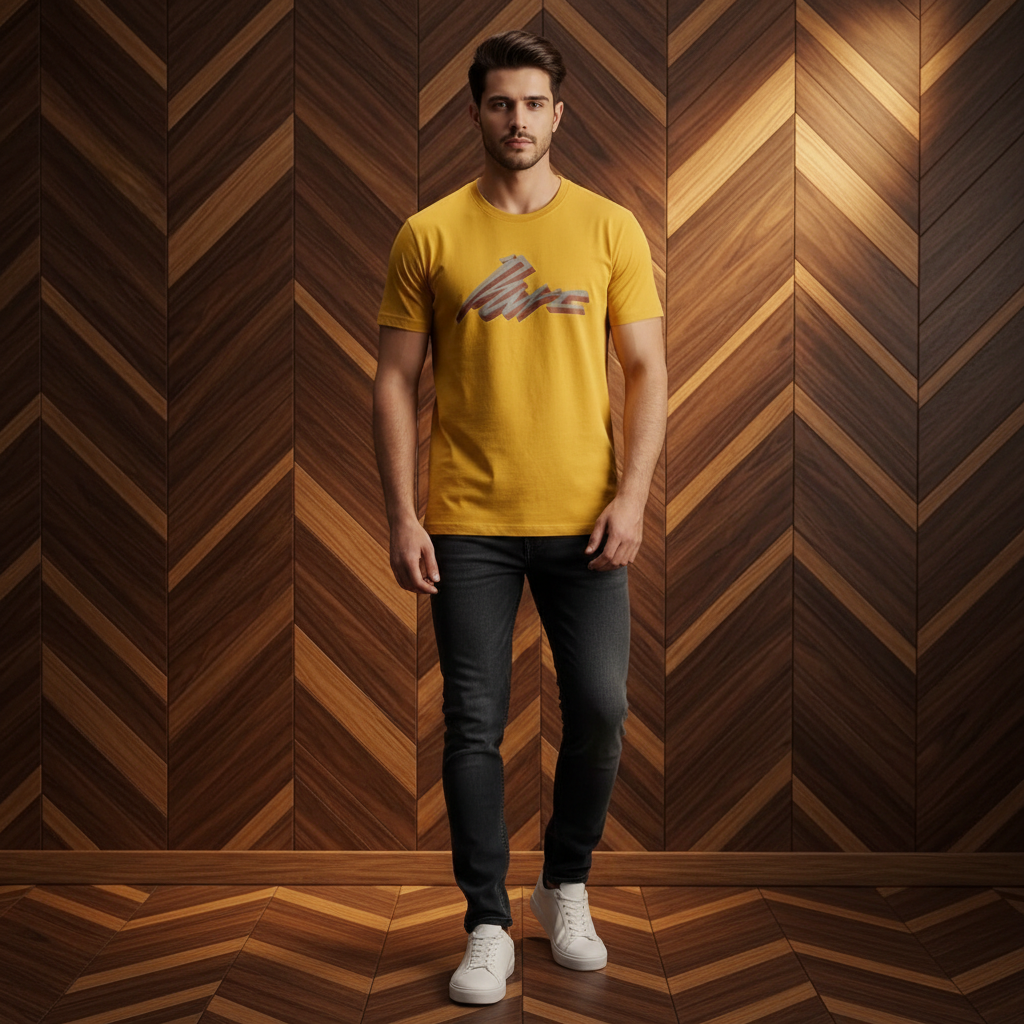 Man wearing mustard yellow HD print tee against herringbone wood panel wall
