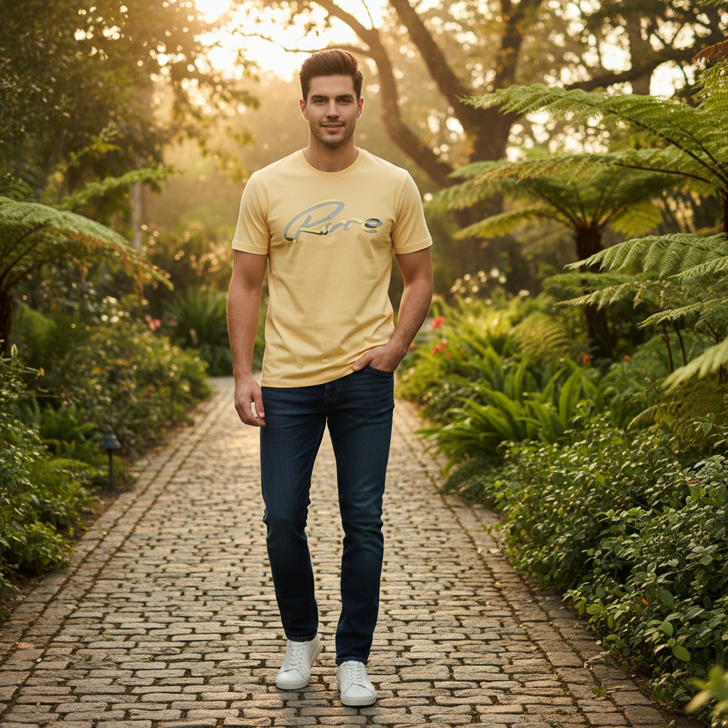 Man wearing butter yellow Rare Rabbit script tee in lush botanical garden