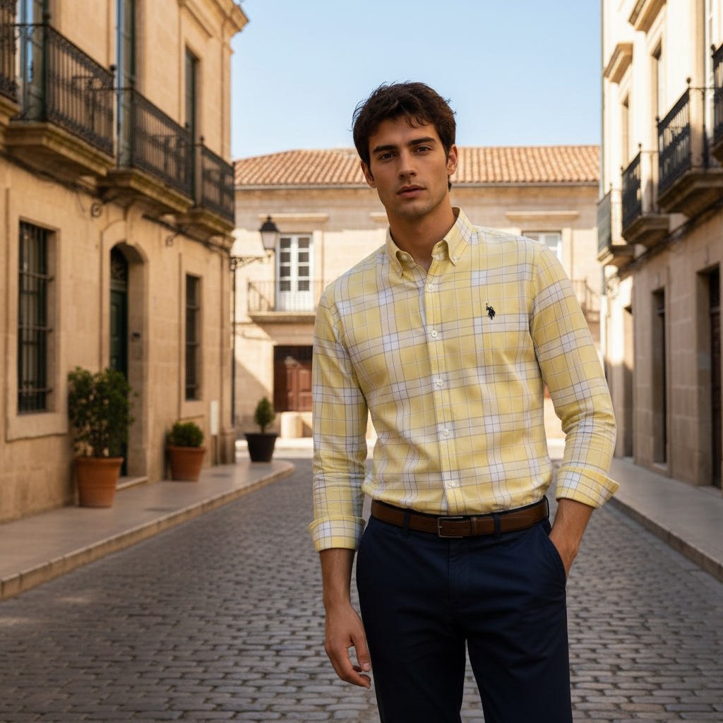 Man wearing yellow plaid shirt on European cobblestone street