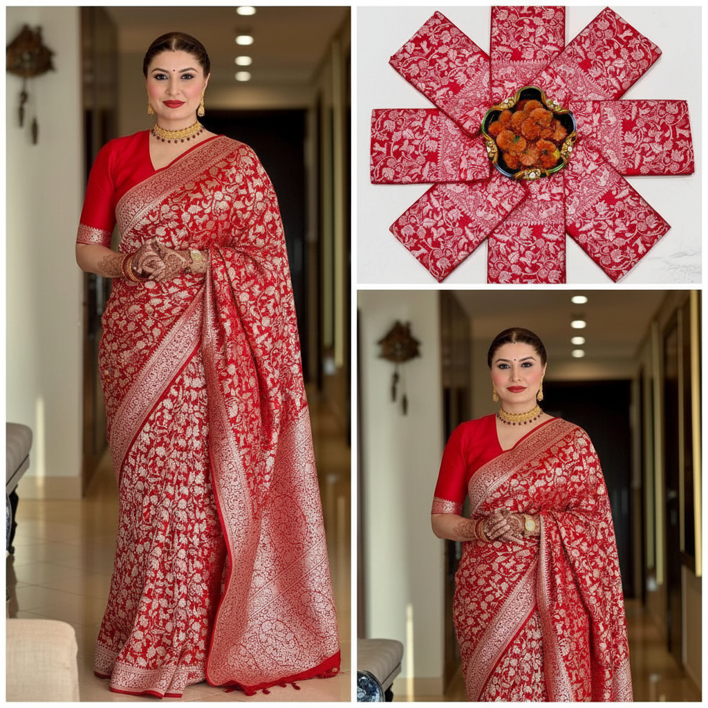 Red Banarasi Silk Saree - Holding Pallu