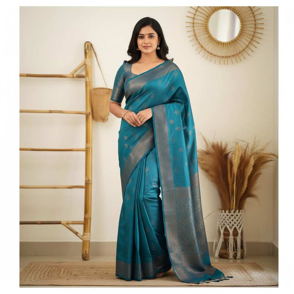 Lichi Silk Saree - Teal Blue Color