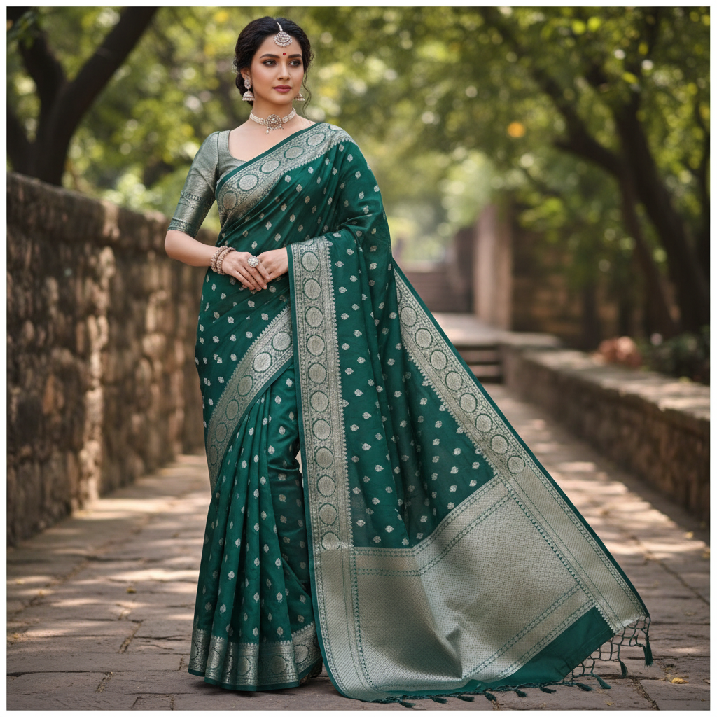 Green Lichi Silk Saree with Silver Zari Buti