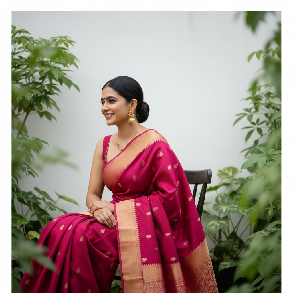 Deep Pink Banarasi Saree - Seated on Chair