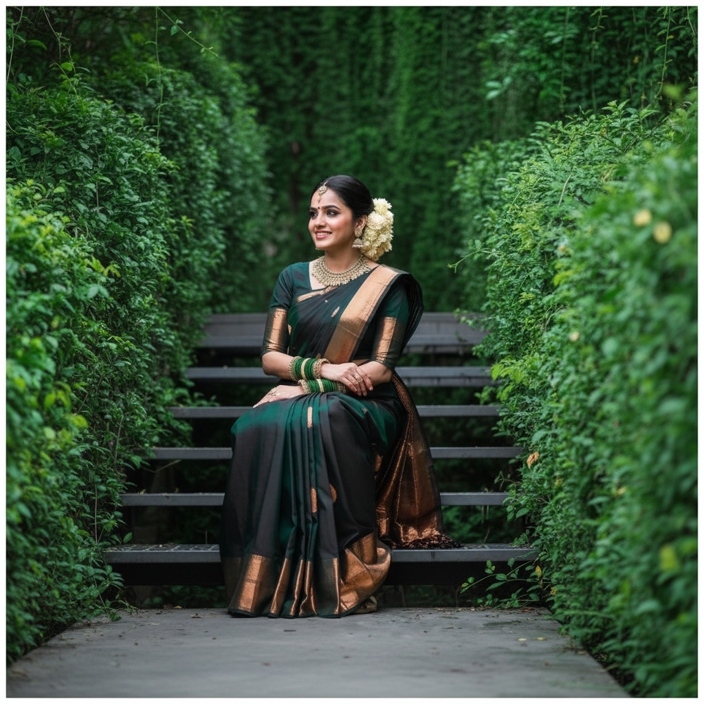 Dark Green Kanjivaram Saree - Seated Candid