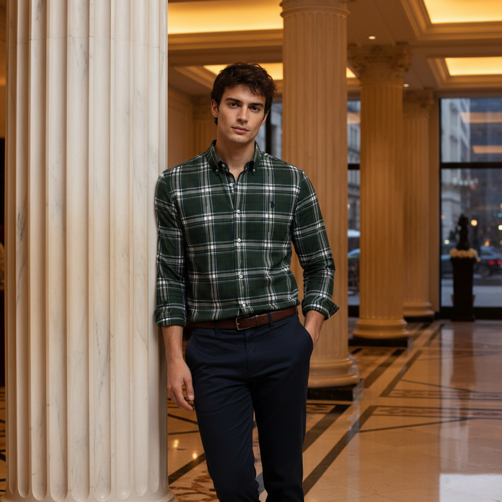 Man wearing green plaid shirt in luxury hotel lobby