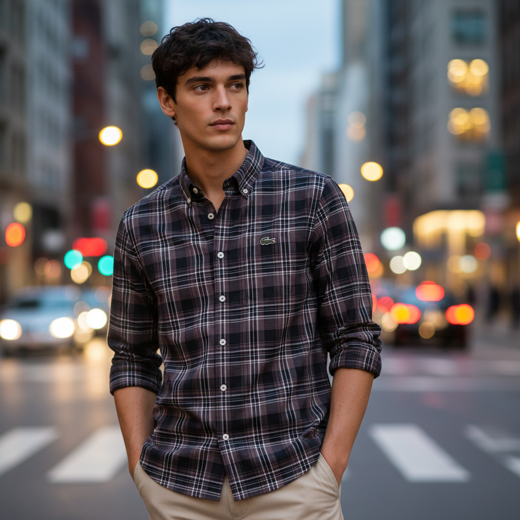 Man wearing dark charcoal plaid shirt on city street at dusk