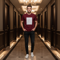 Man wearing maroon Rare Rabbit crystal R tee in luxury hotel corridor with marble floors