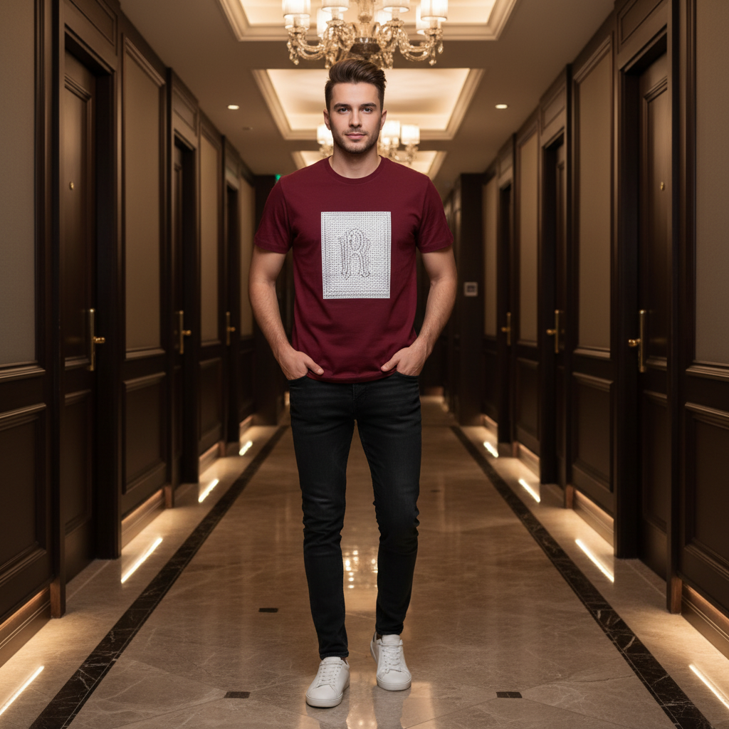 Man wearing maroon Rare Rabbit crystal R tee in luxury hotel corridor with marble floors