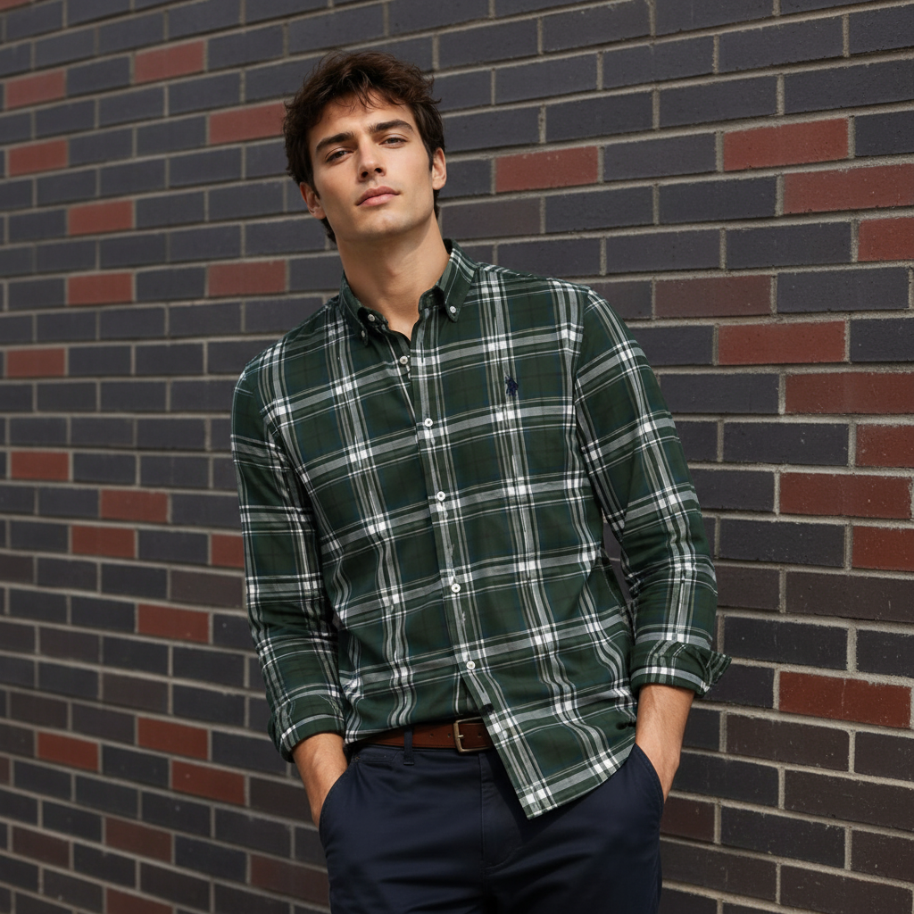 Man wearing green plaid shirt against urban brick wall