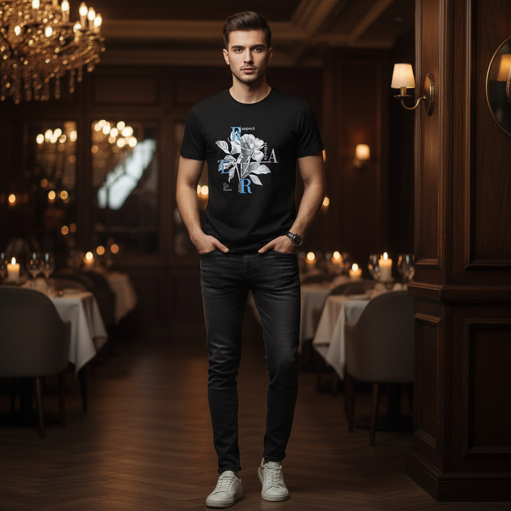 Man wearing black rose graphic tee in moody upscale restaurant