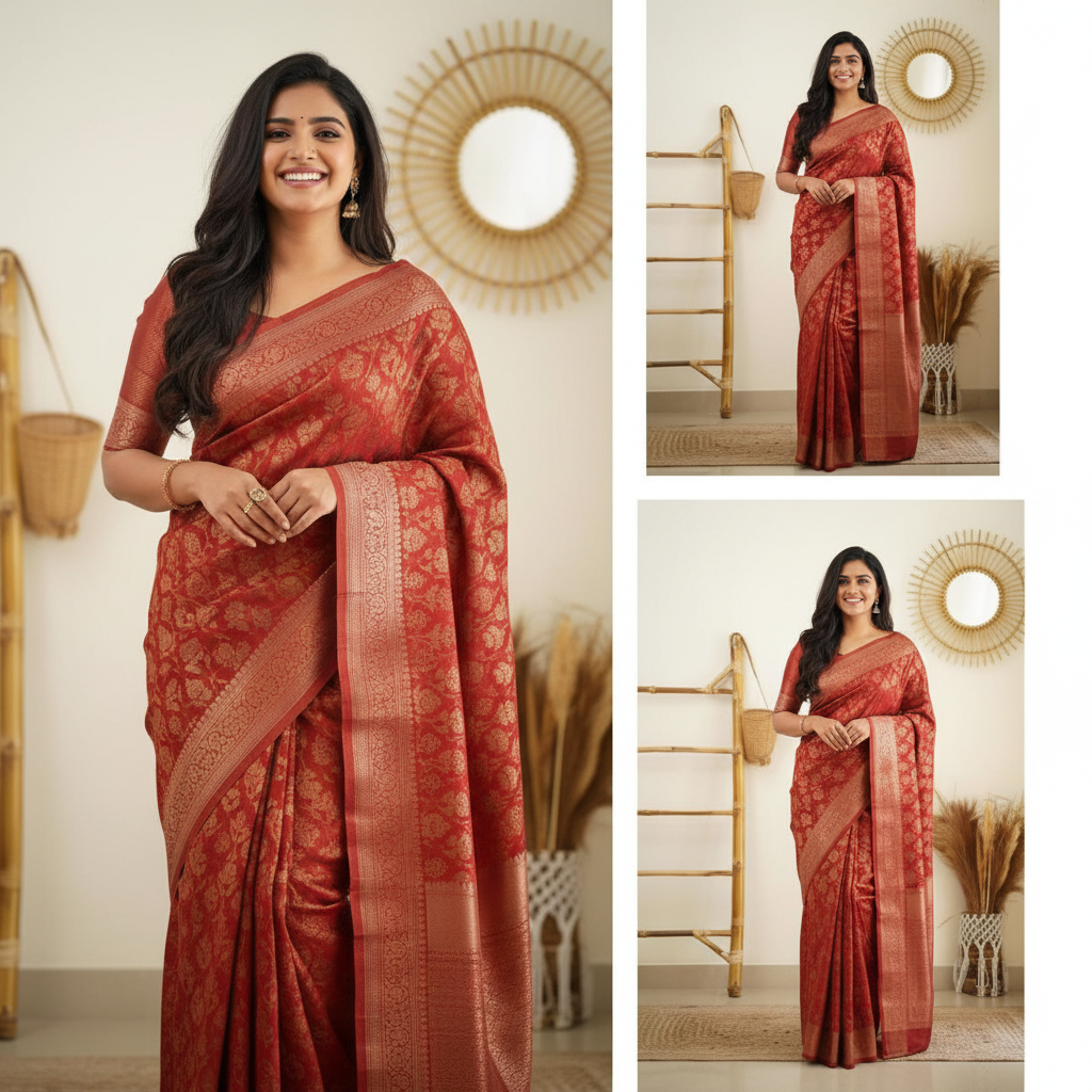 Lichi Silk Saree - Rust Red Color