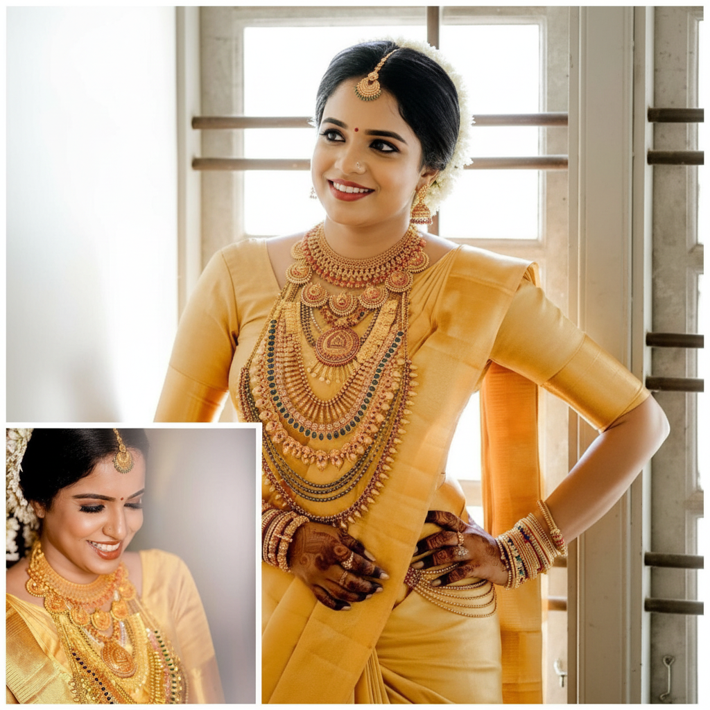 Golden Kerala Silk Saree - Bridal Pose
