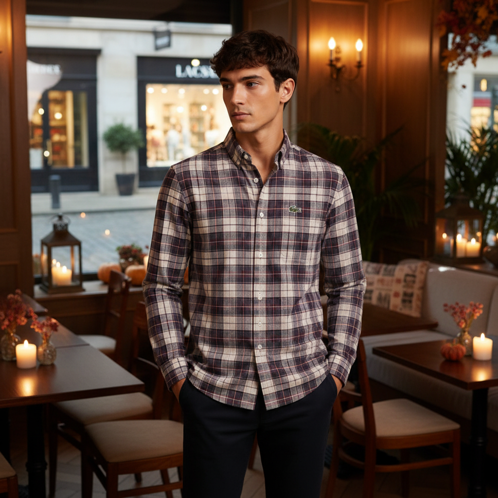 Man wearing grey burgundy plaid shirt in cozy autumn cafe