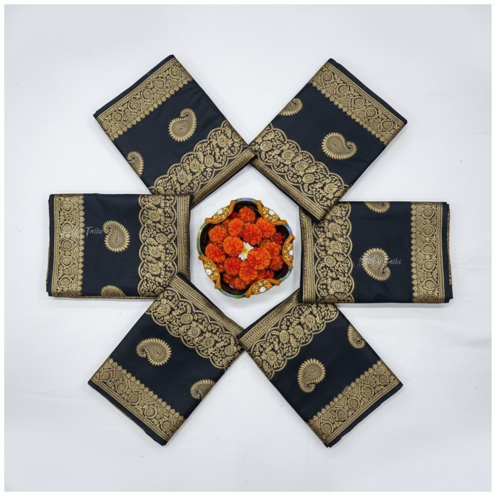 Black Lichi Silk Saree - Flat Lay Product Shot