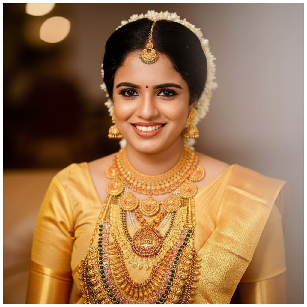Golden Kerala Silk Saree - Close Up Portrait