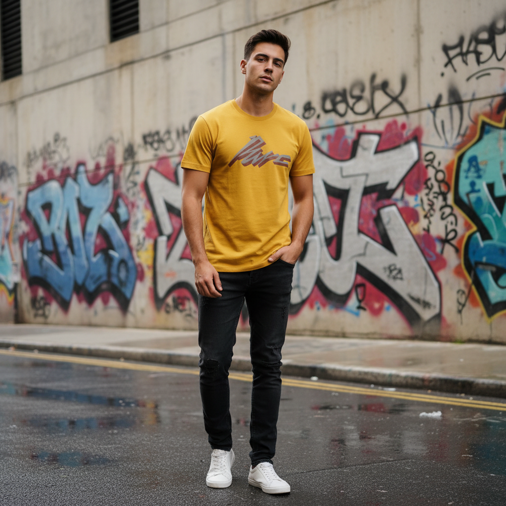Man wearing mustard yellow HD print tee on urban street with graffiti wall