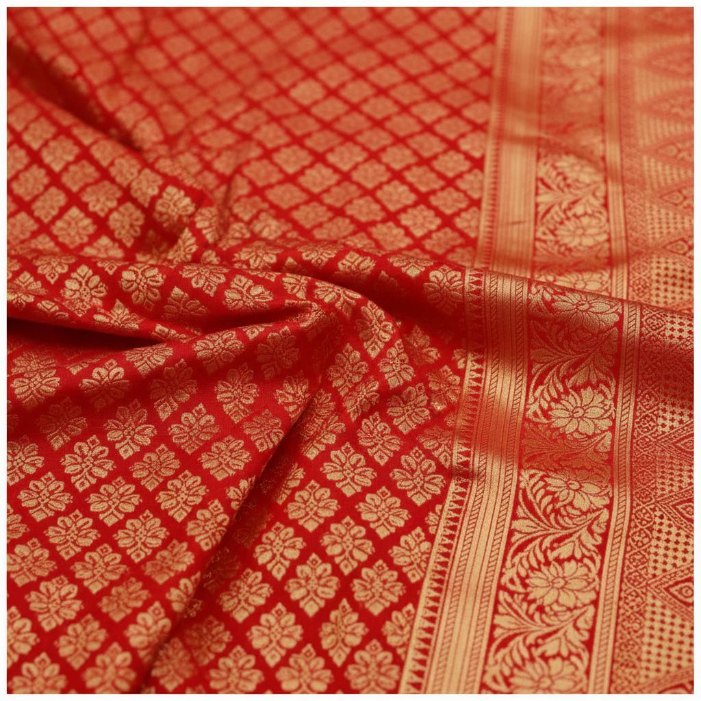 Red Banarasi Silk Saree - Fabric Detail Close-up