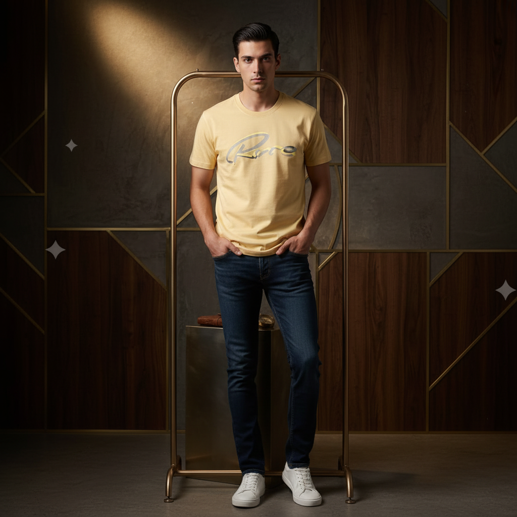 Man wearing butter yellow Rare Rabbit script tee against moody dark background with spotlight